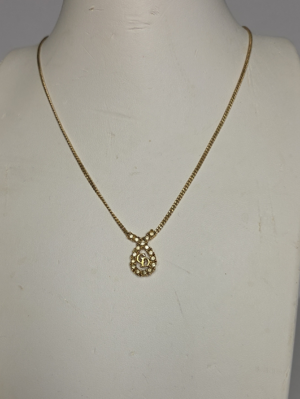 Christian Dior Gold-Tone Rhinestone Teardrop Pendant Necklace - 16-18"